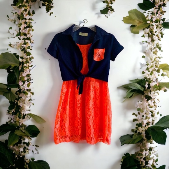 Coral Lace Dress with Denim Jacket Attached (Kids Medium 7/8) NWOT - Picture 1 of 4
